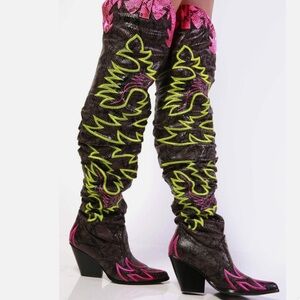 Cape Robbin Over The Knee Kelsey-21 Boots Cowgirl Chunky Block Heels Pink Green